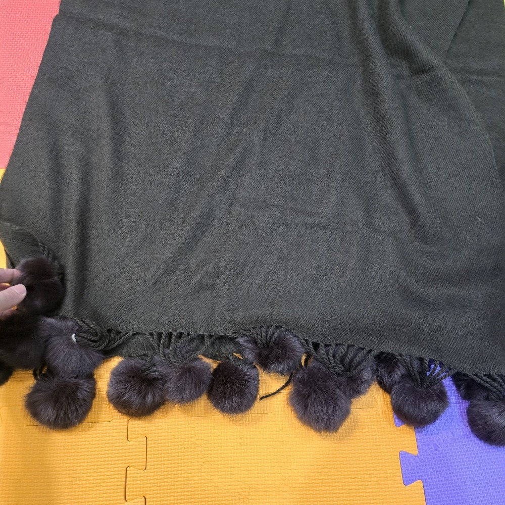 Soft Wool Blend Shawl‎ Scarf with Fur Pom-Poms - Chic Taupe / Gray-Brown